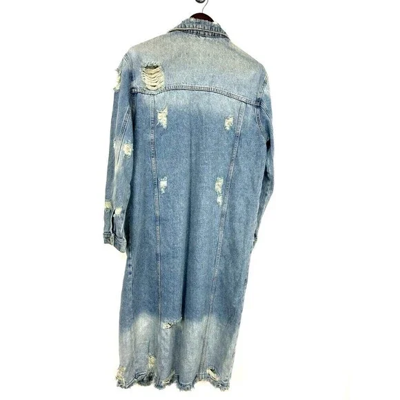 Mustard Seed Women L Destructed Denim Blue Jacket Long Jean Button Up Biker R4 - Picture 3 of 12